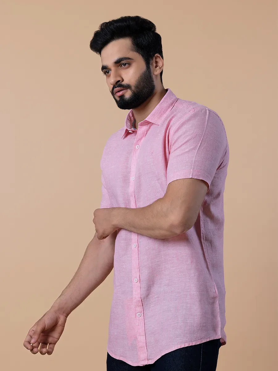 Frio plain linen light pink half sleeves shirt