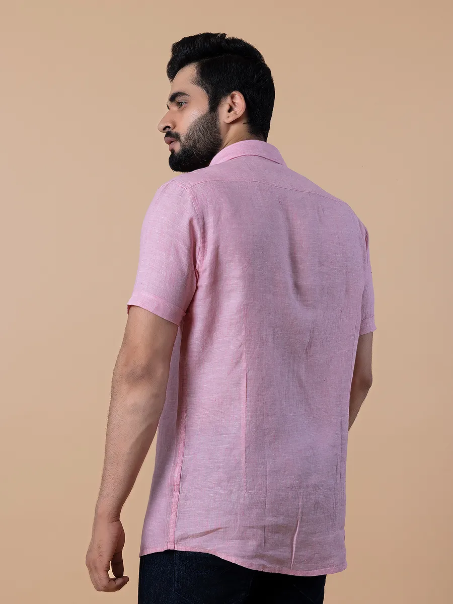 Frio plain linen light pink half sleeves shirt