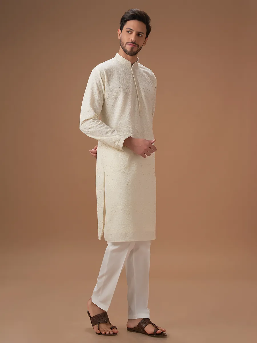 Georgette cream embroidery  Men Kurta pajama