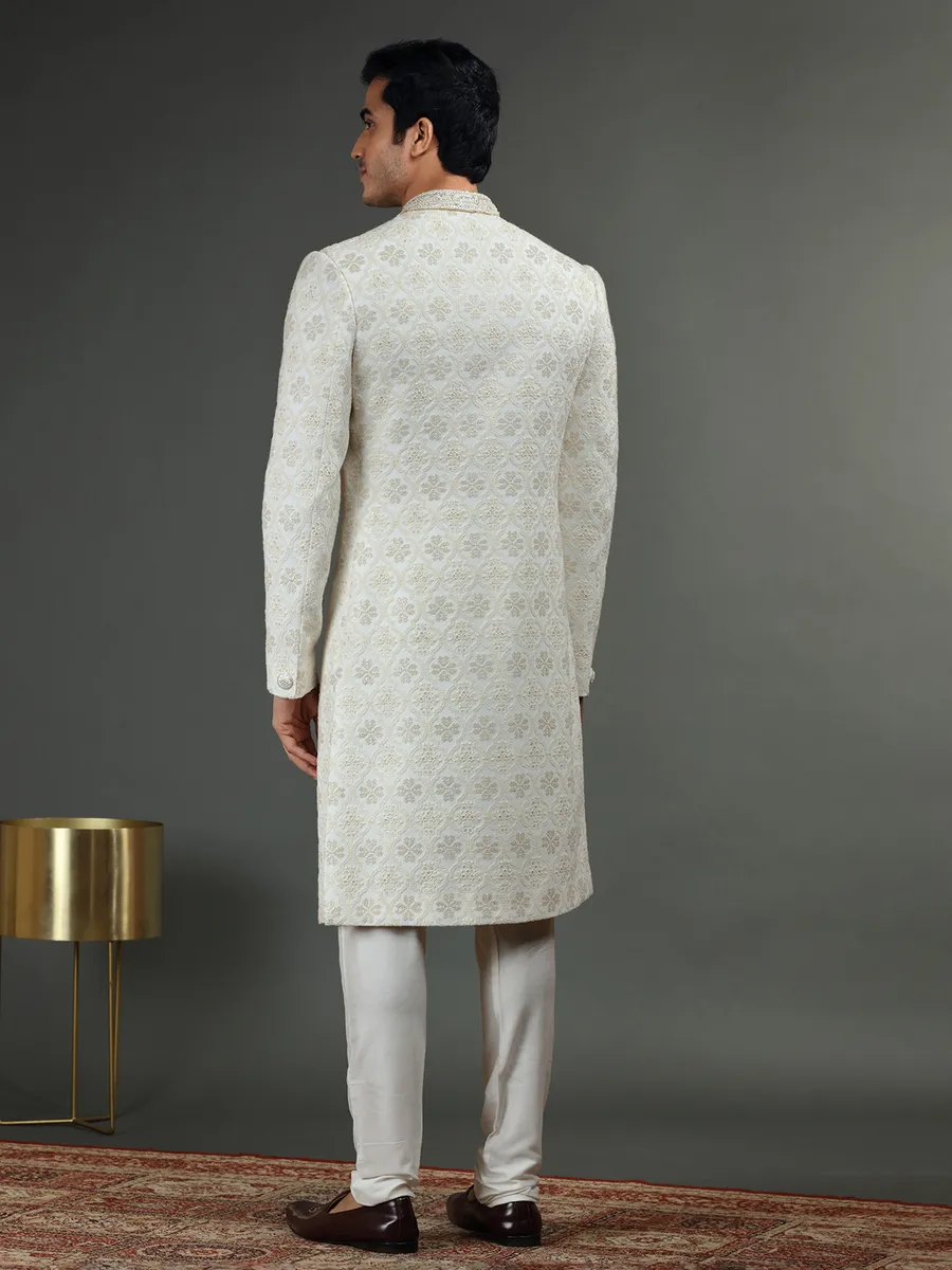 Georgette groom sherwani in white