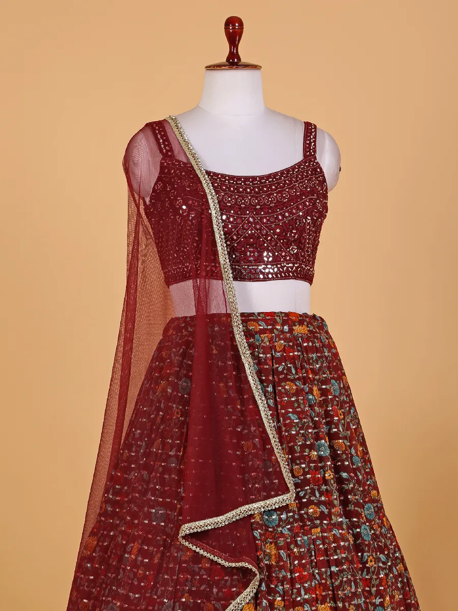 Georgette maroon floral printed lehenga choli