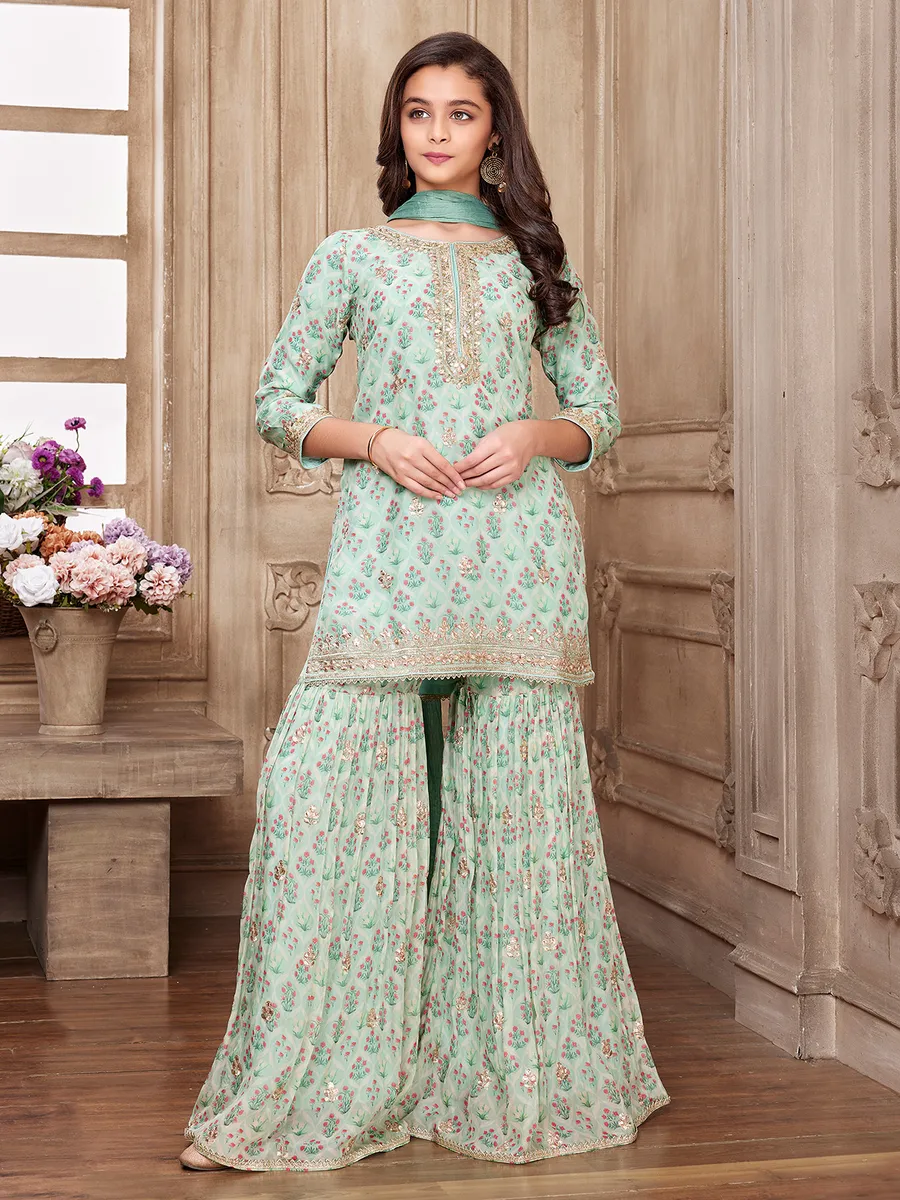 Georgette mint green printed sharara suit