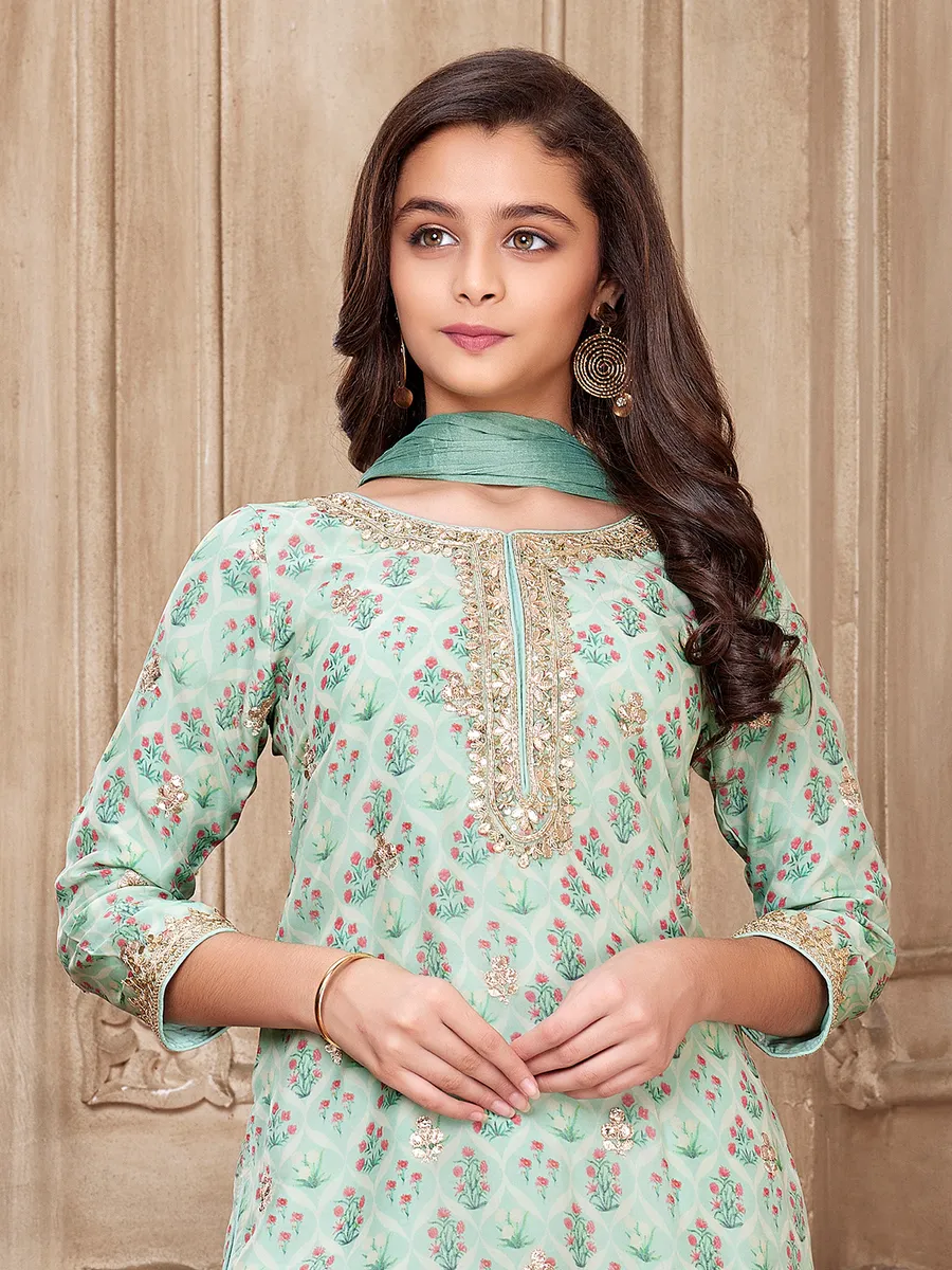 Georgette mint green printed sharara suit