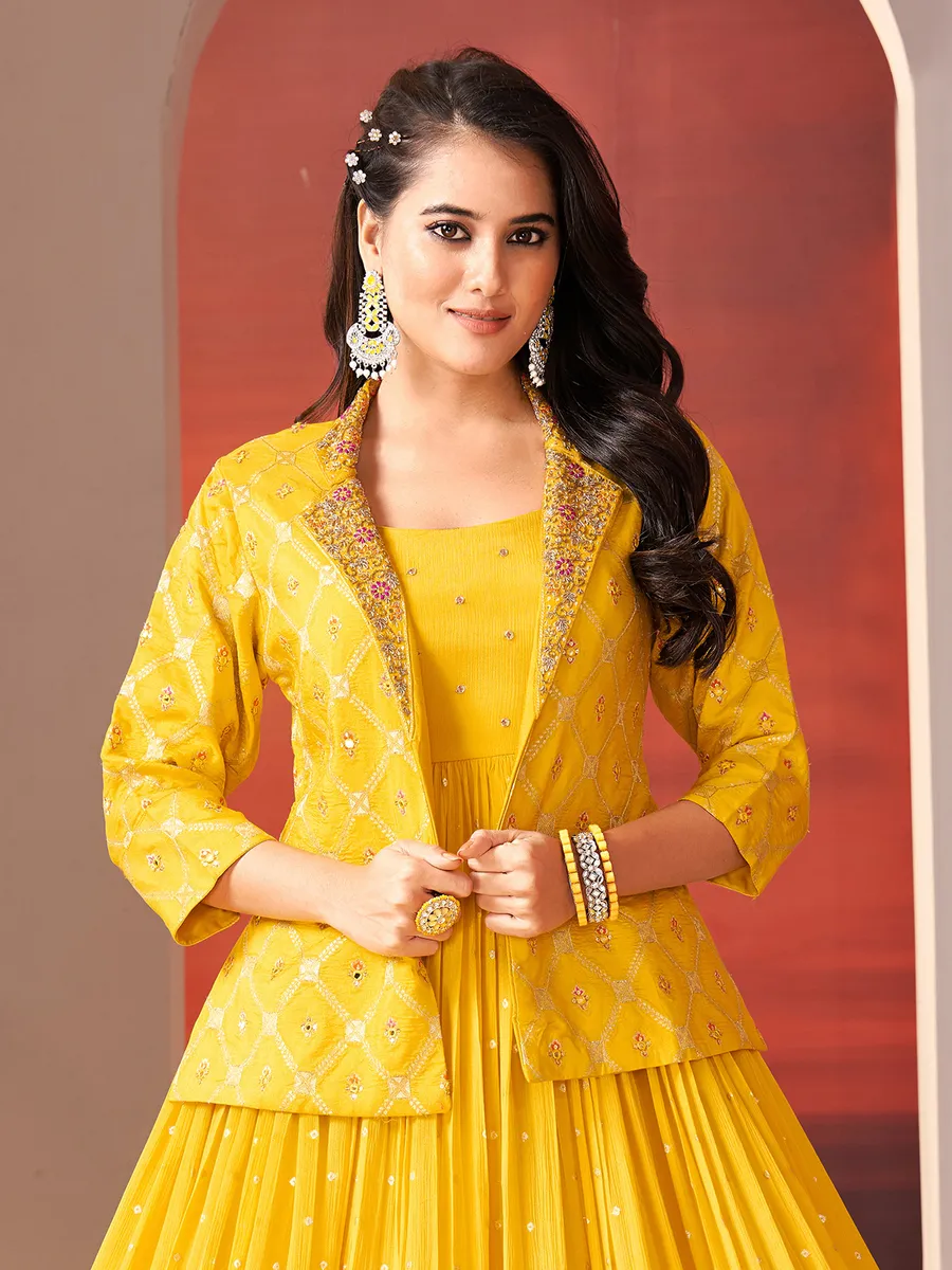 Georgette mustard yellow jacket style anarkali suit