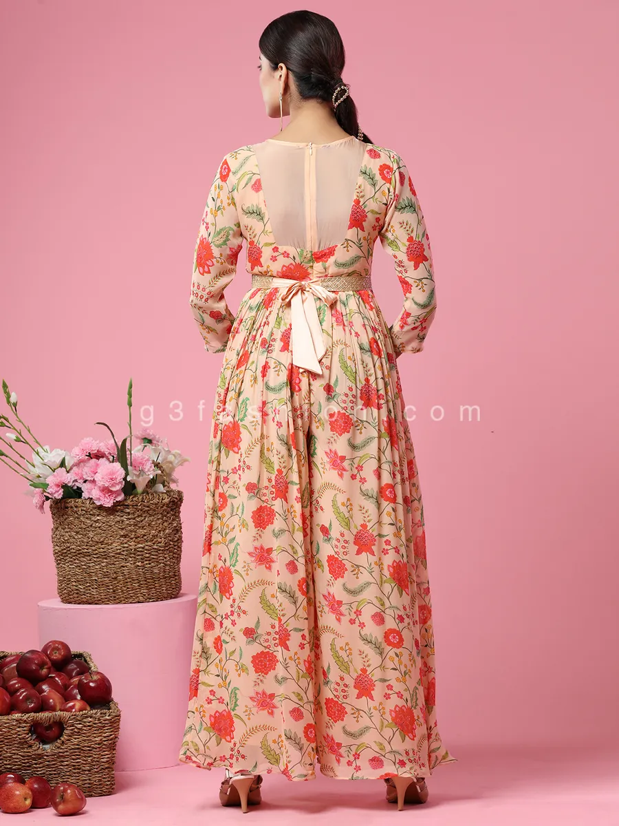 Peach georgette printed party wear jumpsuit