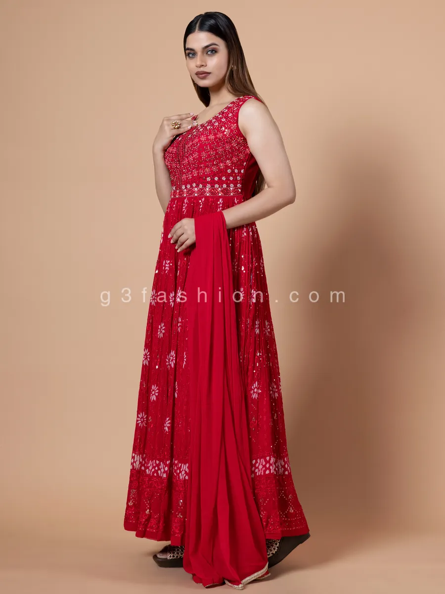 Georgette printed red anarkali suit