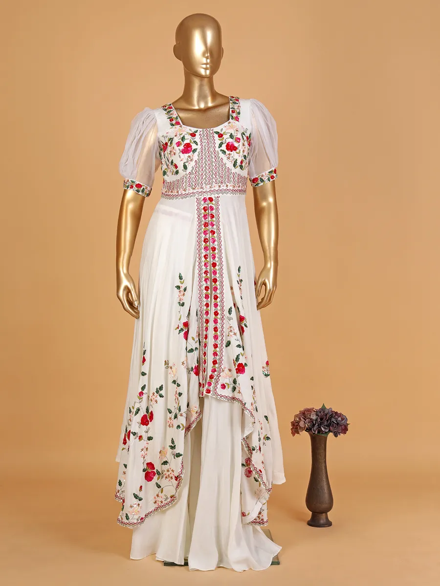 Georgette white embroidery palazzo suit