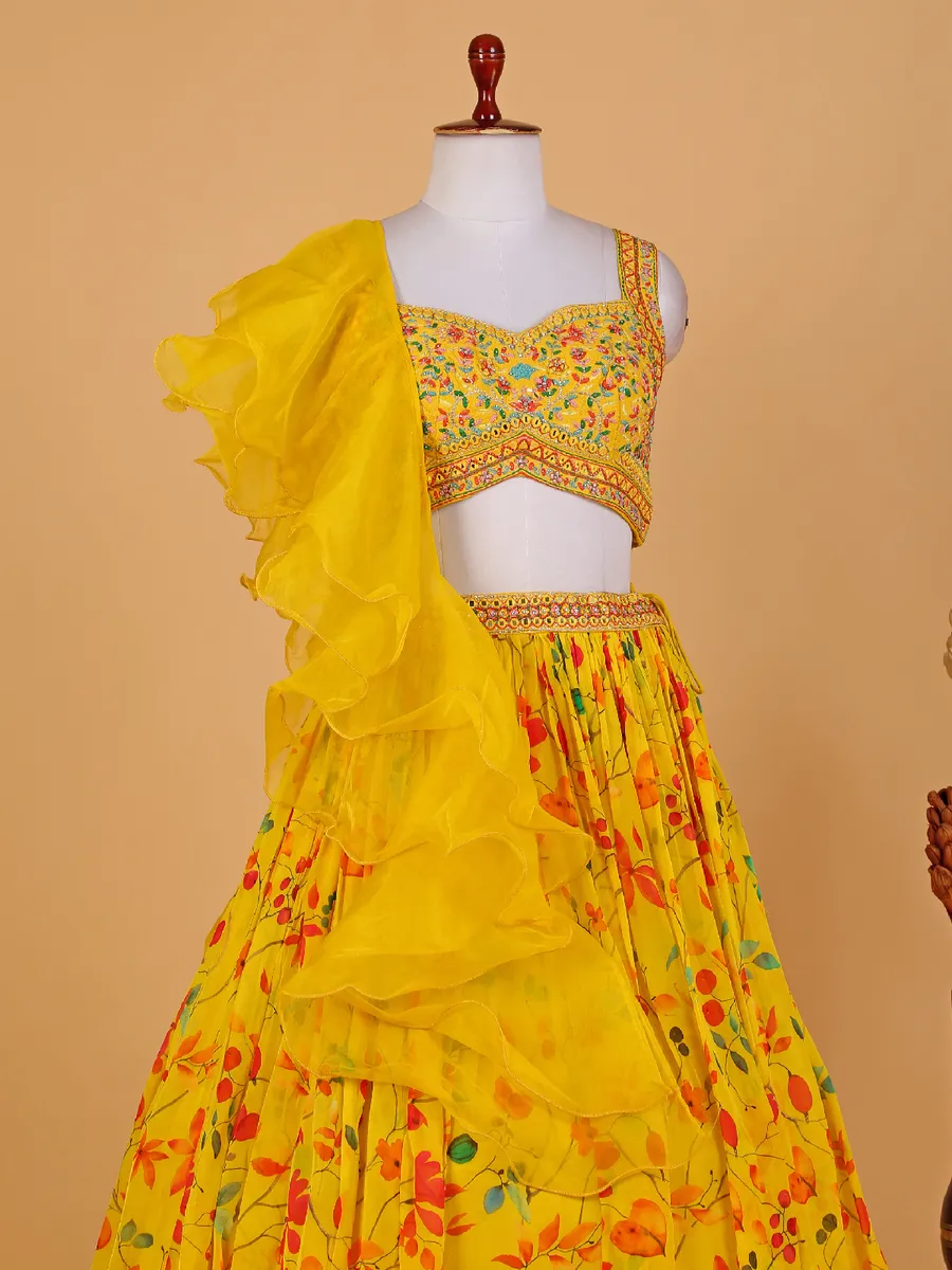 Georgette yellow floral printed lehenga choli