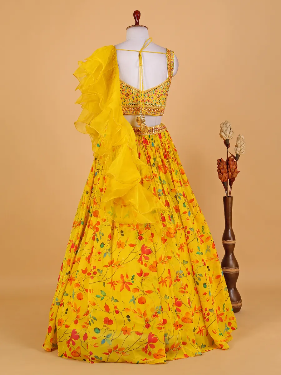 Georgette yellow floral printed lehenga choli