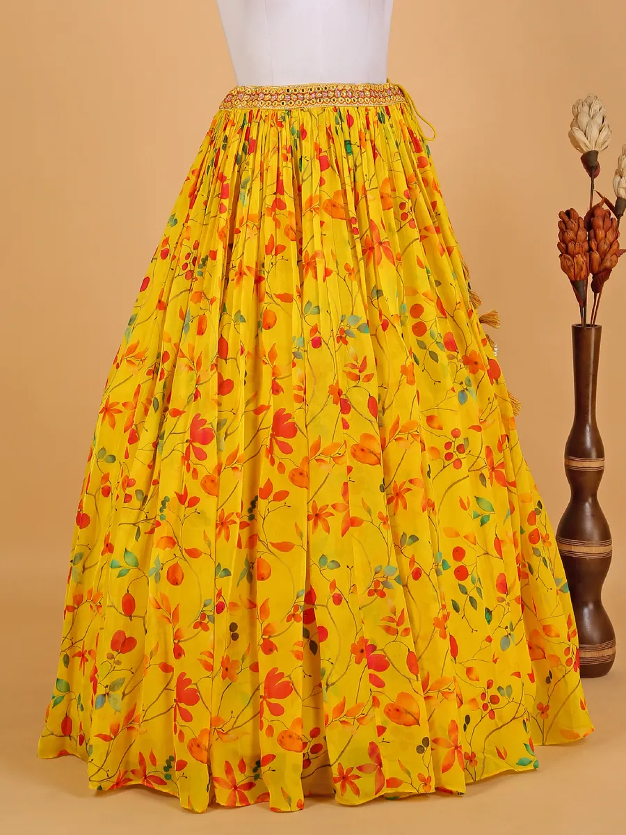 Georgette yellow floral printed lehenga choli