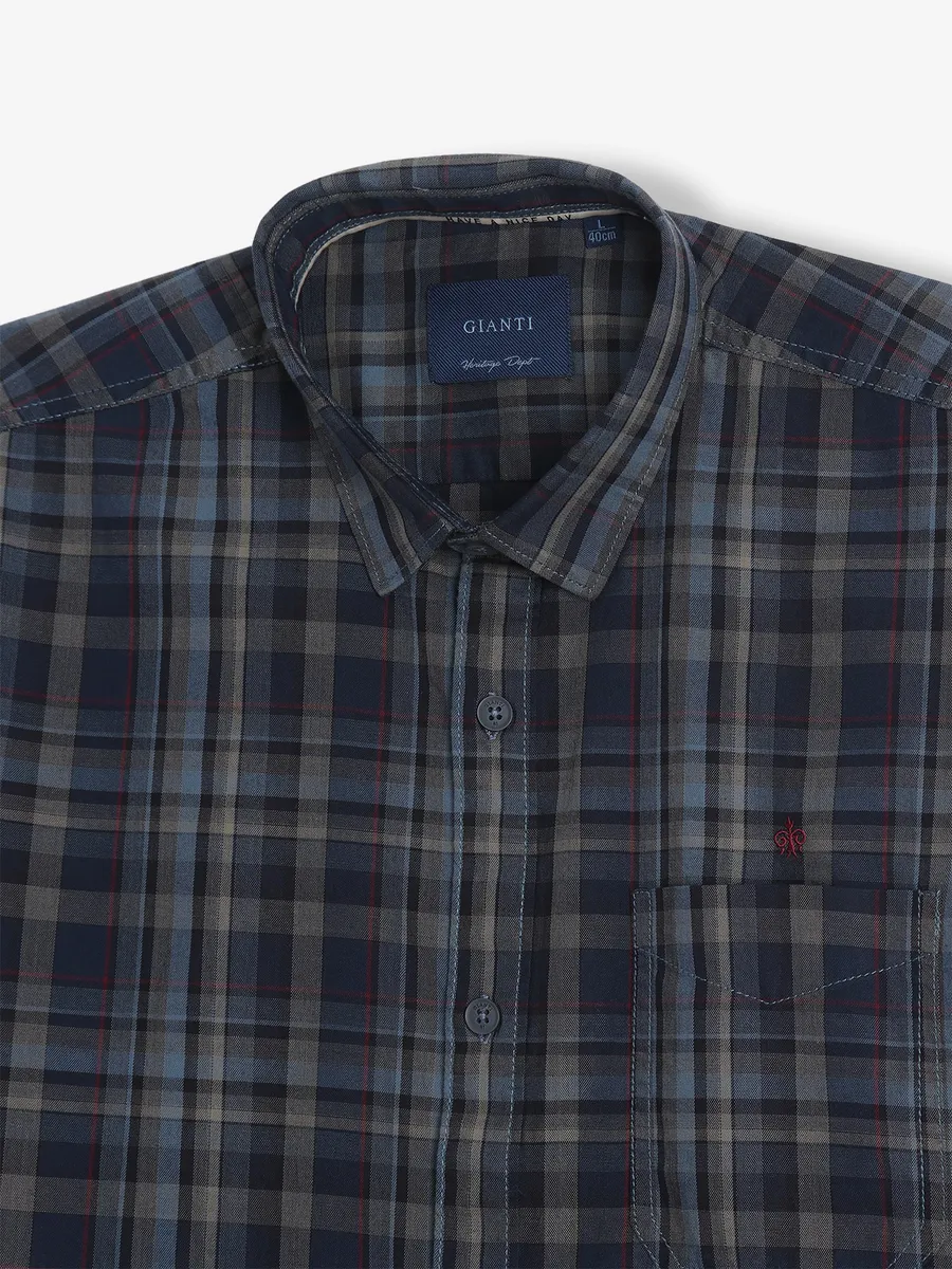 GIANTI dark blue cotton checks shirt