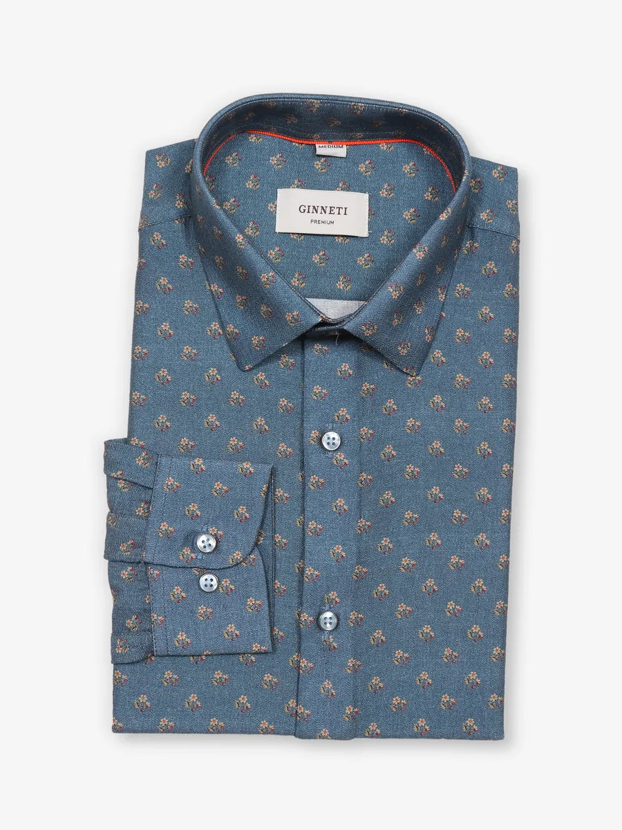 GINNETI printed sky blue cotton shirt