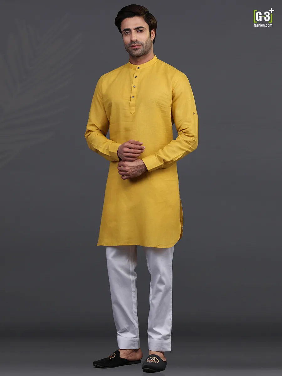 Gold linen half buttoned placket  Men Kurta pajama