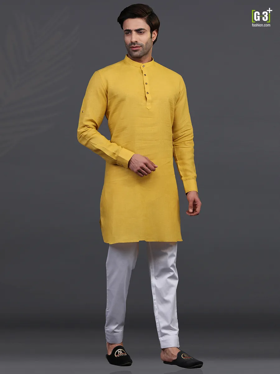 Gold linen half buttoned placket  Men Kurta pajama