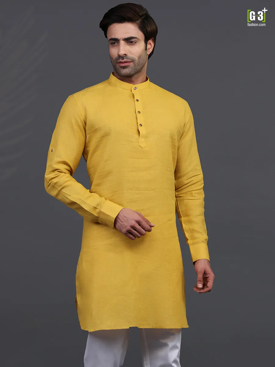 Gold linen half buttoned placket mens kurta