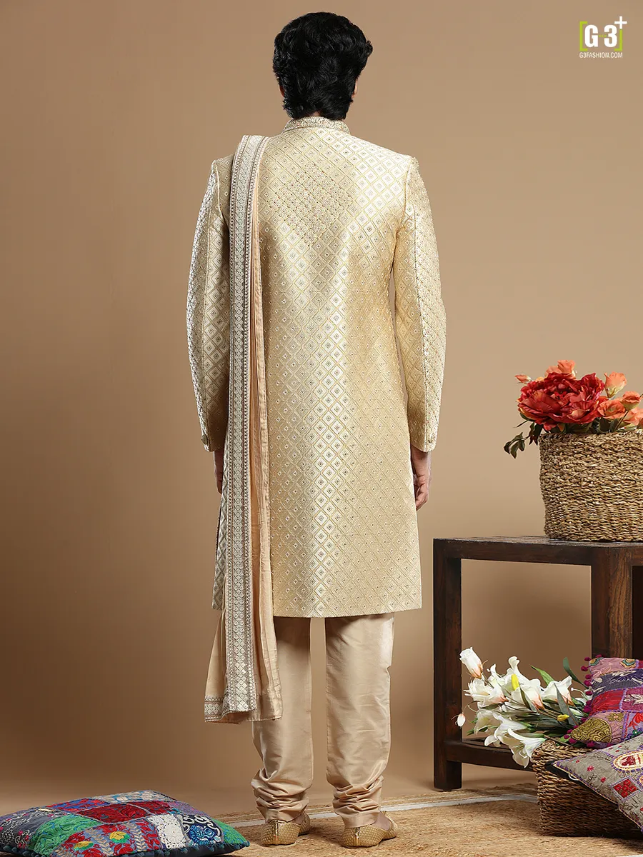 Golden hued silk fabric designer sherwani