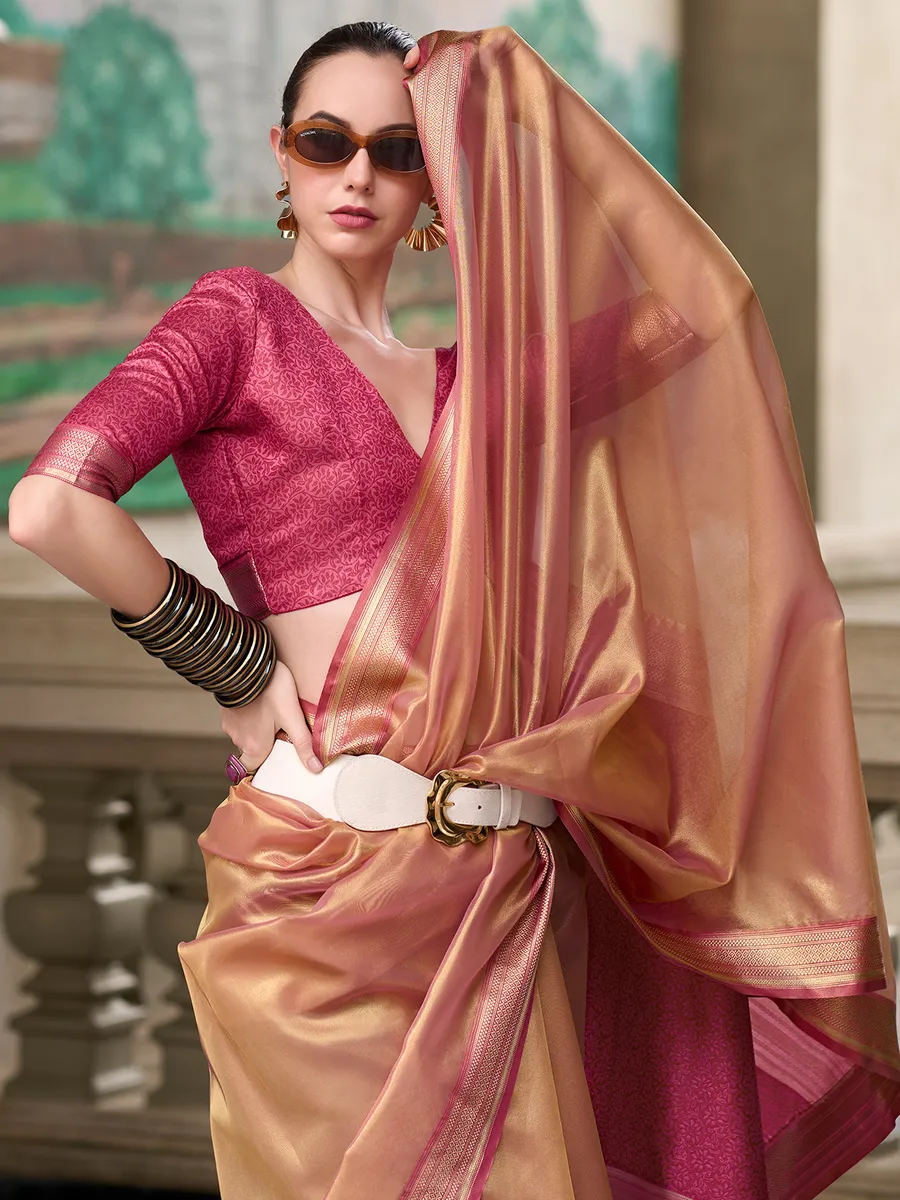 Golden Zari Temple Weaving Soft Semi-Silk Saree With Blouse
