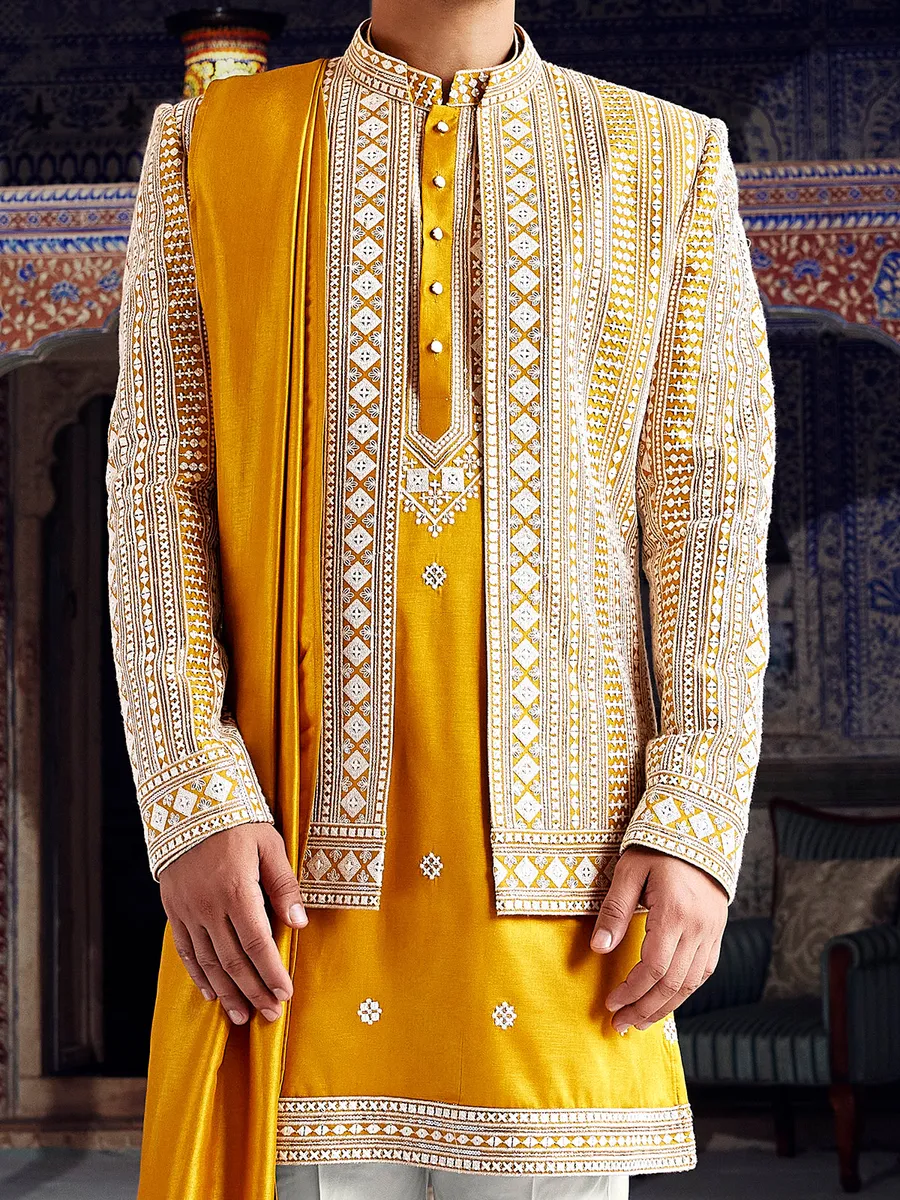 Golden yellow shining silk indo western for men