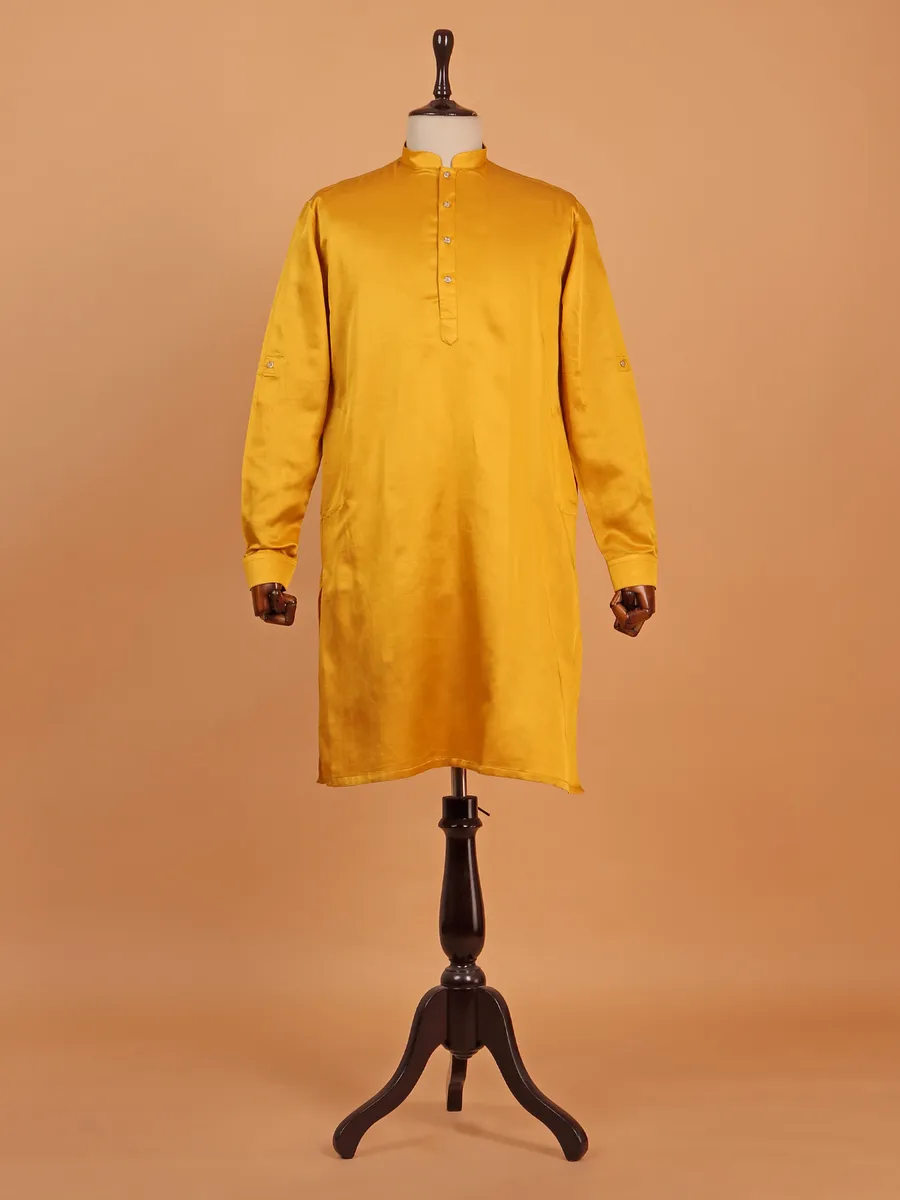 Golden yellow silk printed waistcoat set for men