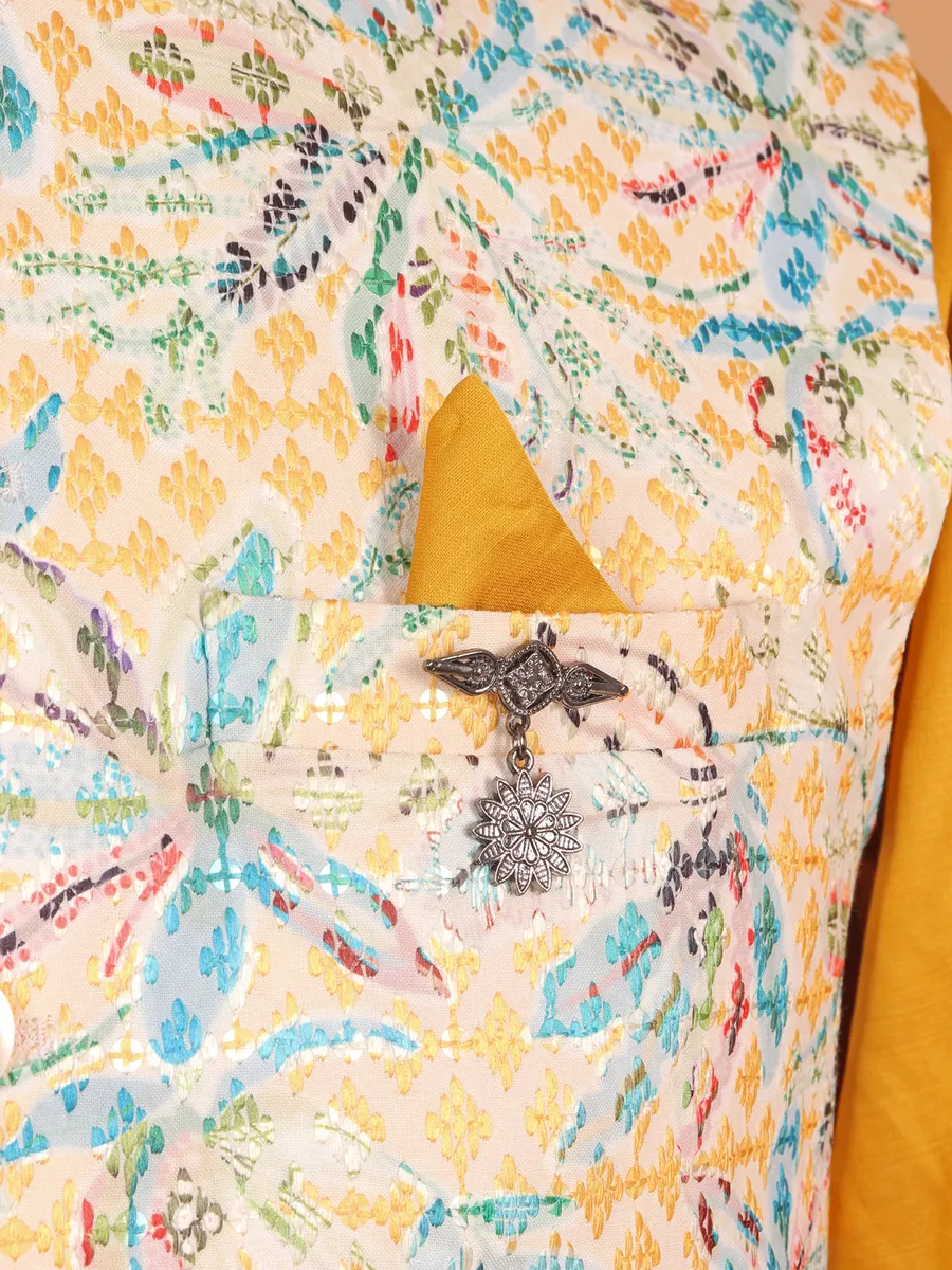 Golden yellow silk printed waistcoat set for men