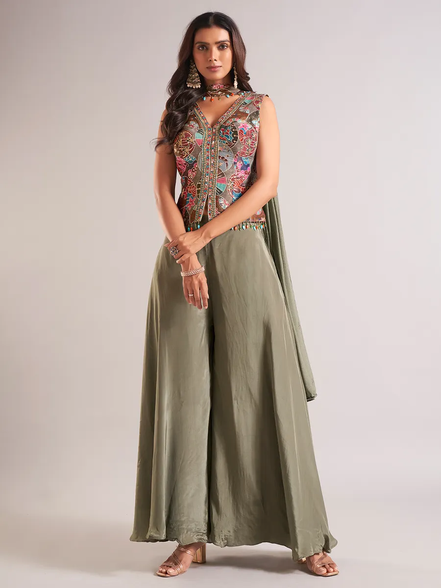 Gorgeous olive silk palazzo salwar suit