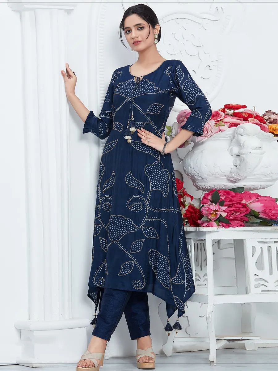 Gorgeous Teal blue russian silk printed kurti