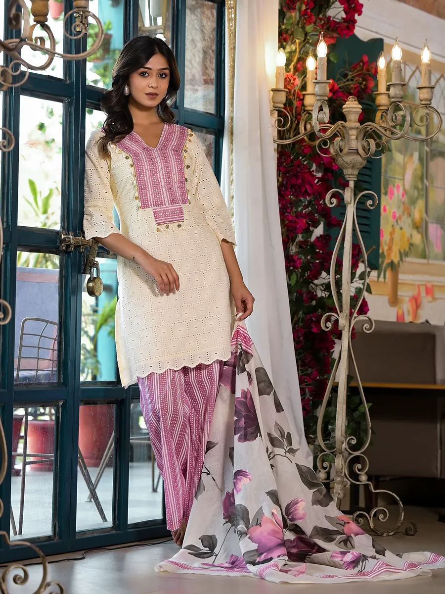 Gorgeous white and pink kurti set with dupatta