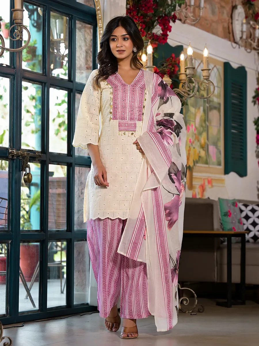 Gorgeous white and pink kurti set with dupatta