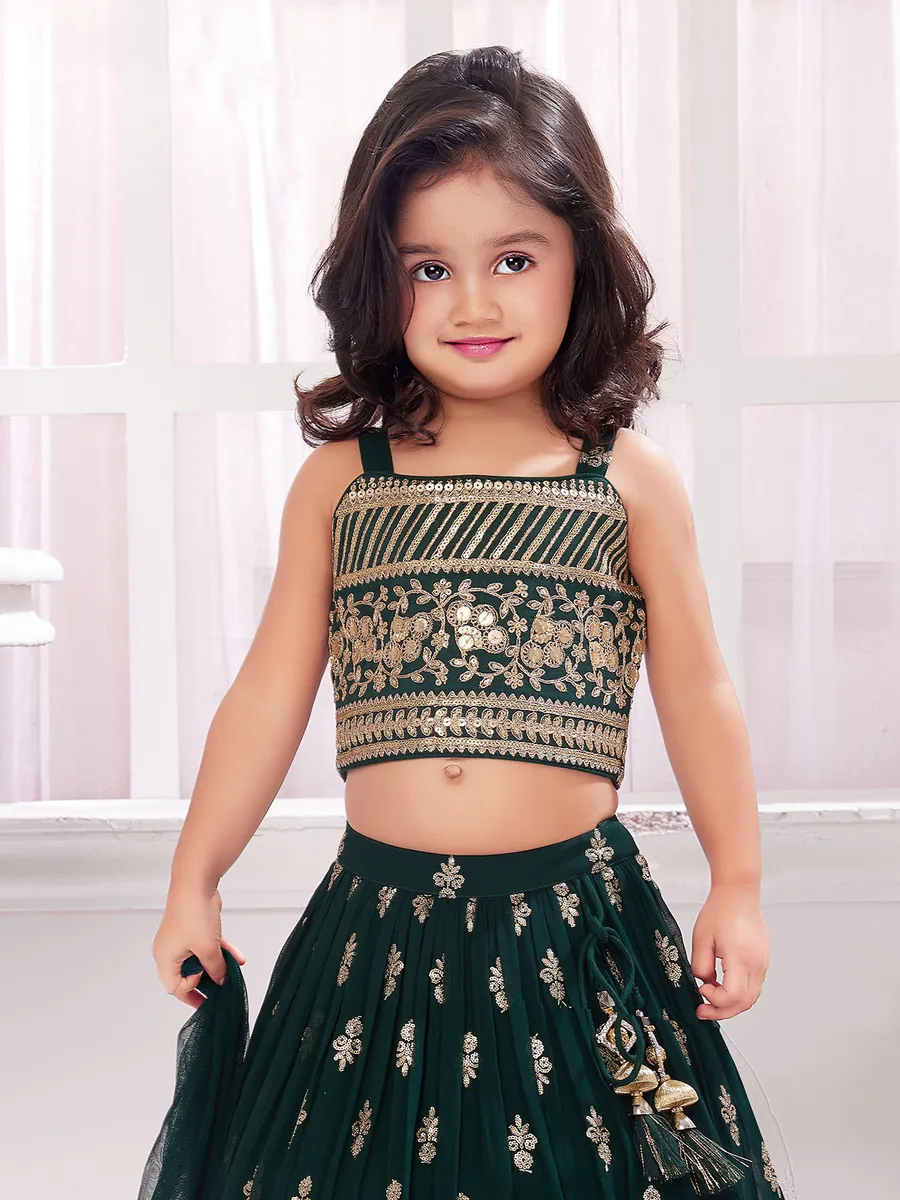 Green Georgette Lehenga Choli With Blouse & Dupatta For Indian & Pakistani Wedding Festival - Multiple Sequins & Thread Embroidery Work
