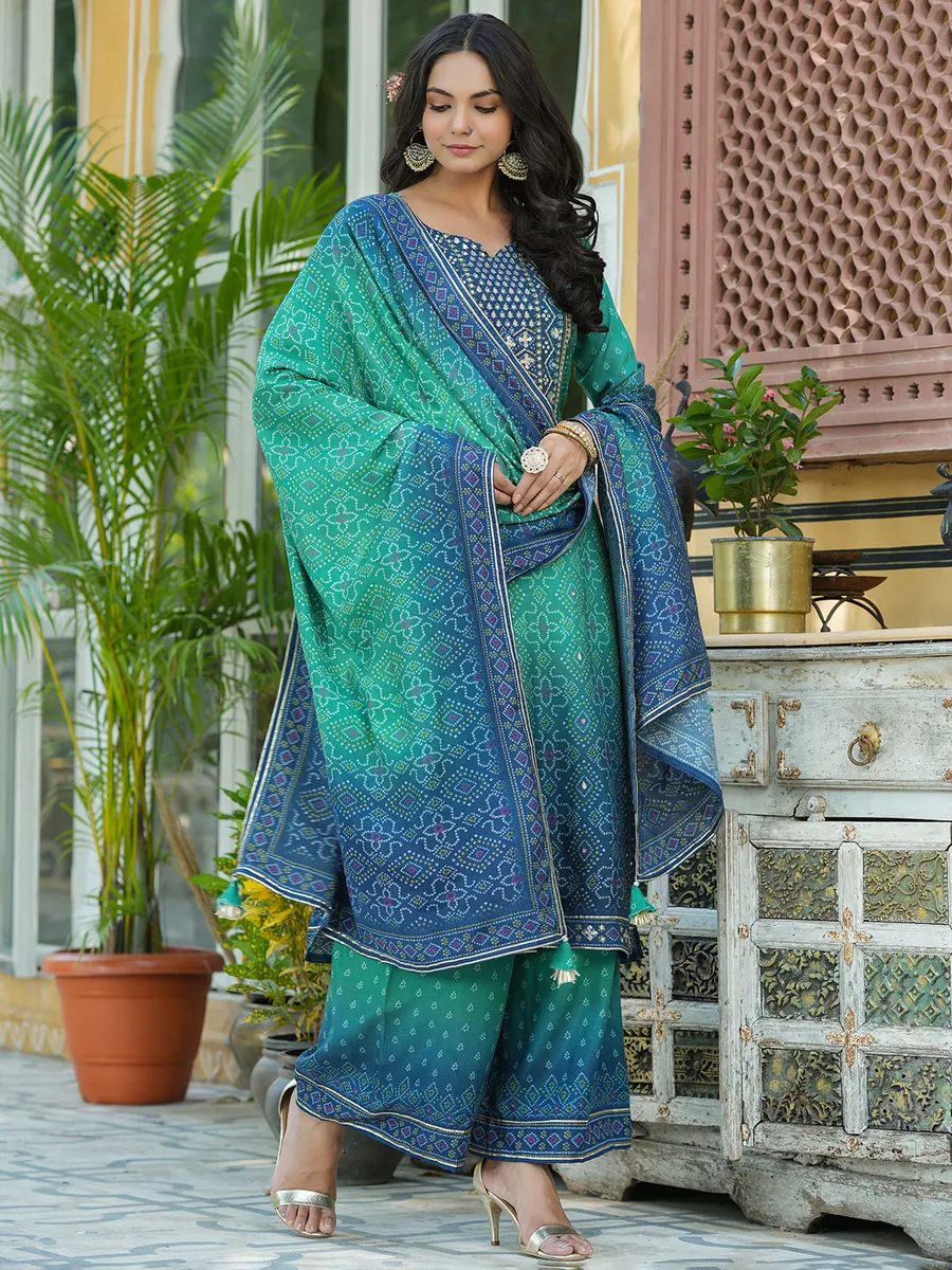 Green and navy silk printed kurti set