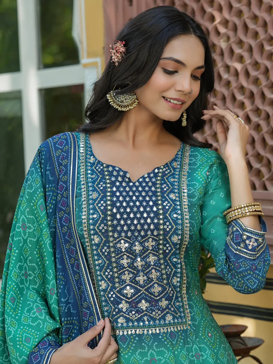 Green and navy silk printed kurti set