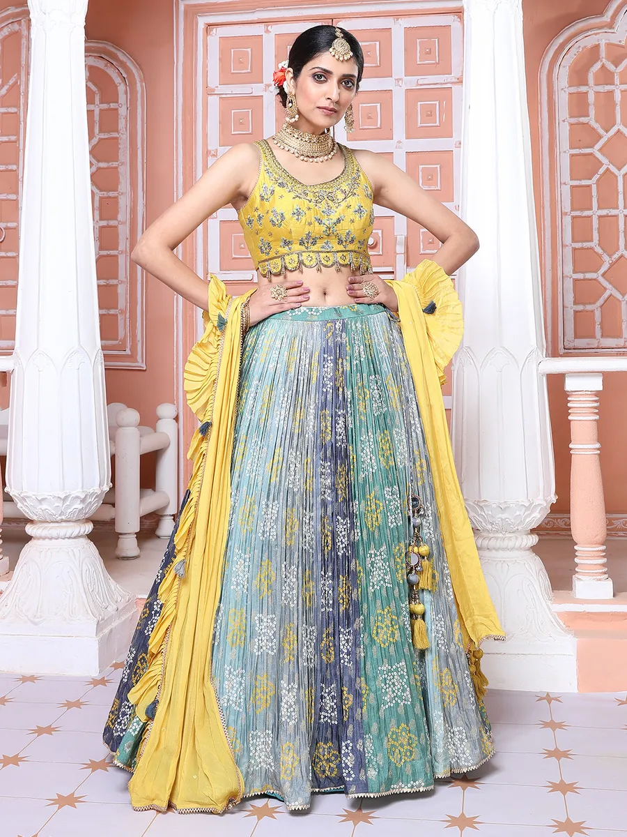 Green and yellow printed silk lehenga choli