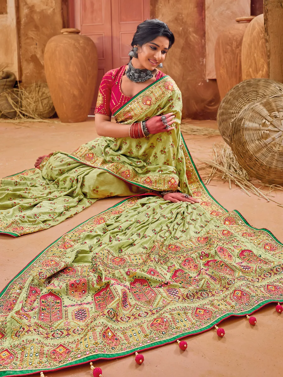 Green banarasi silk saree with kachhi work