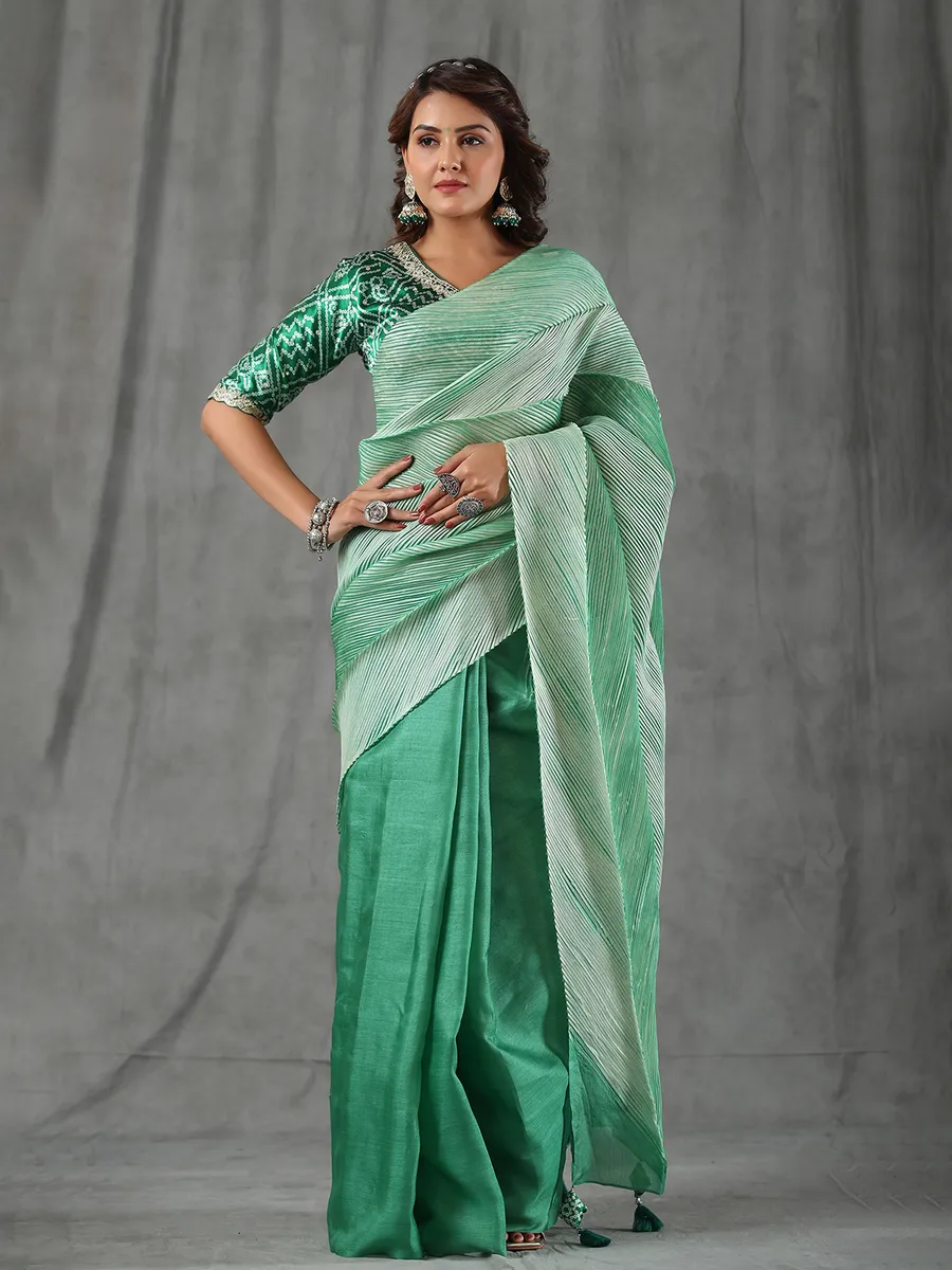 Green half n half saree in tussar silk