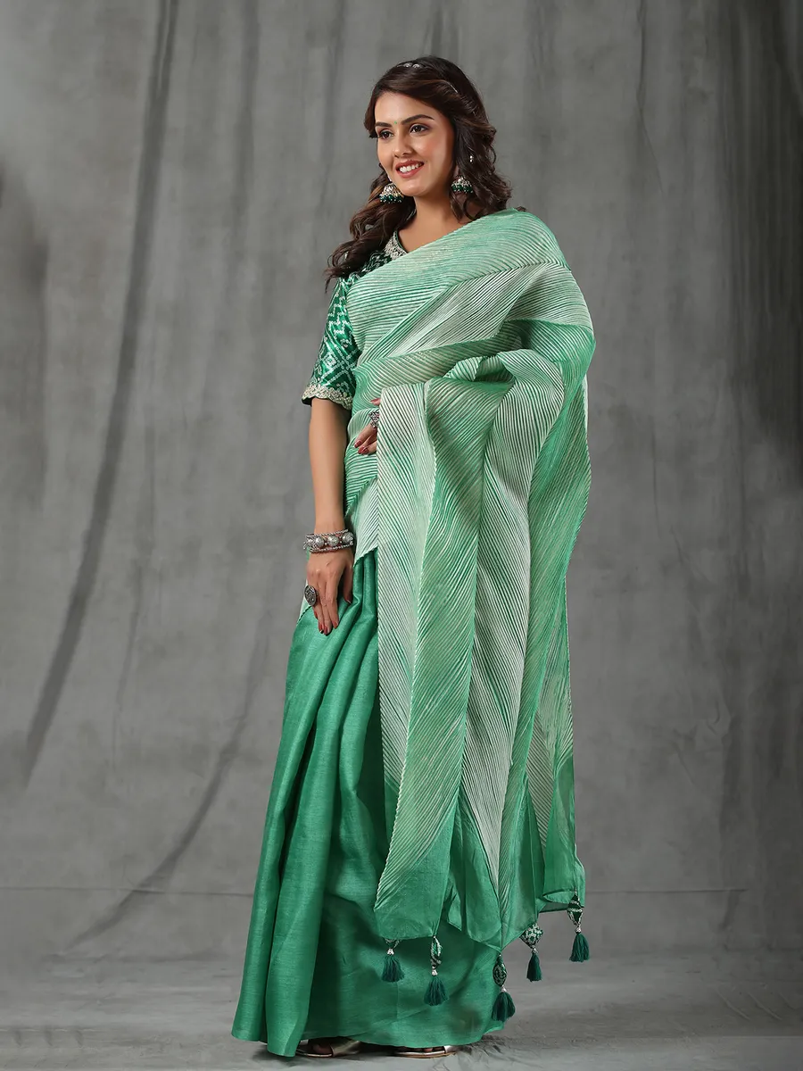 Green half n half saree in tussar silk