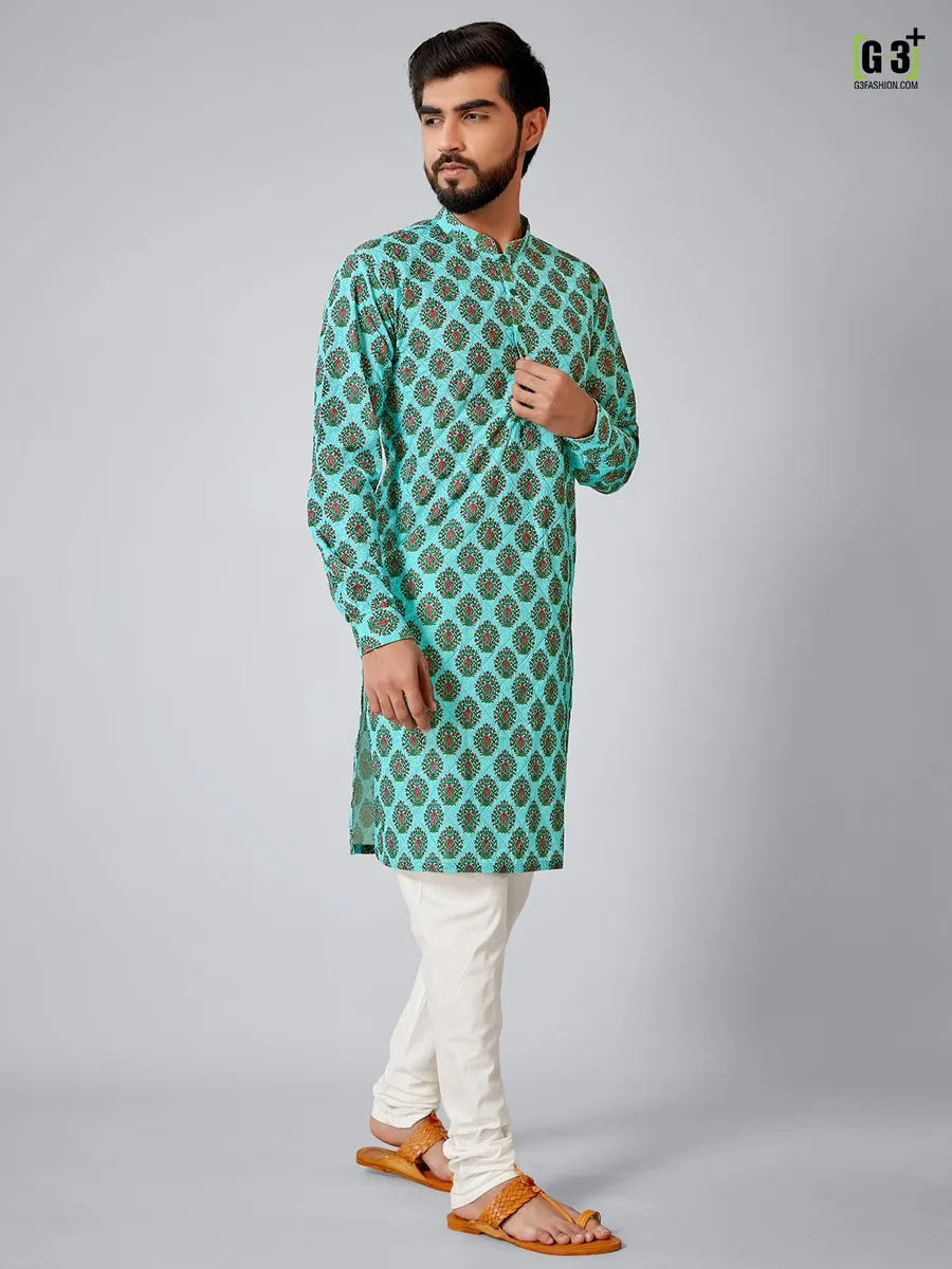 Aqua printed cotton silk kurta set