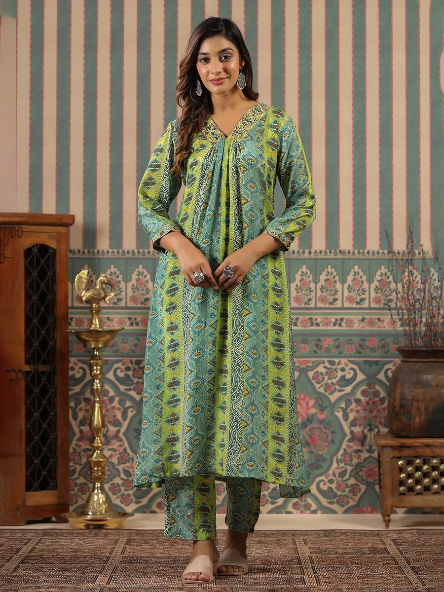 Green printed kurti set in soft silk