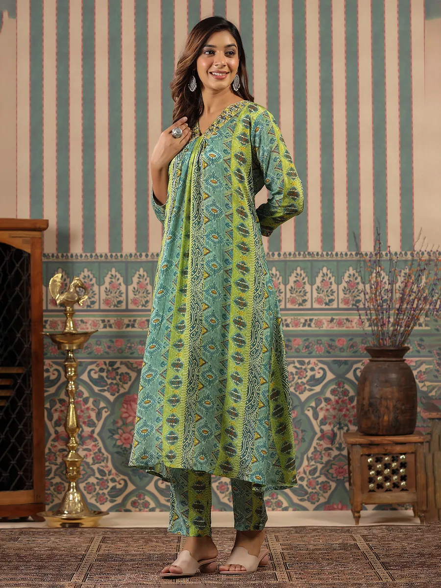 Green printed kurti set in soft silk