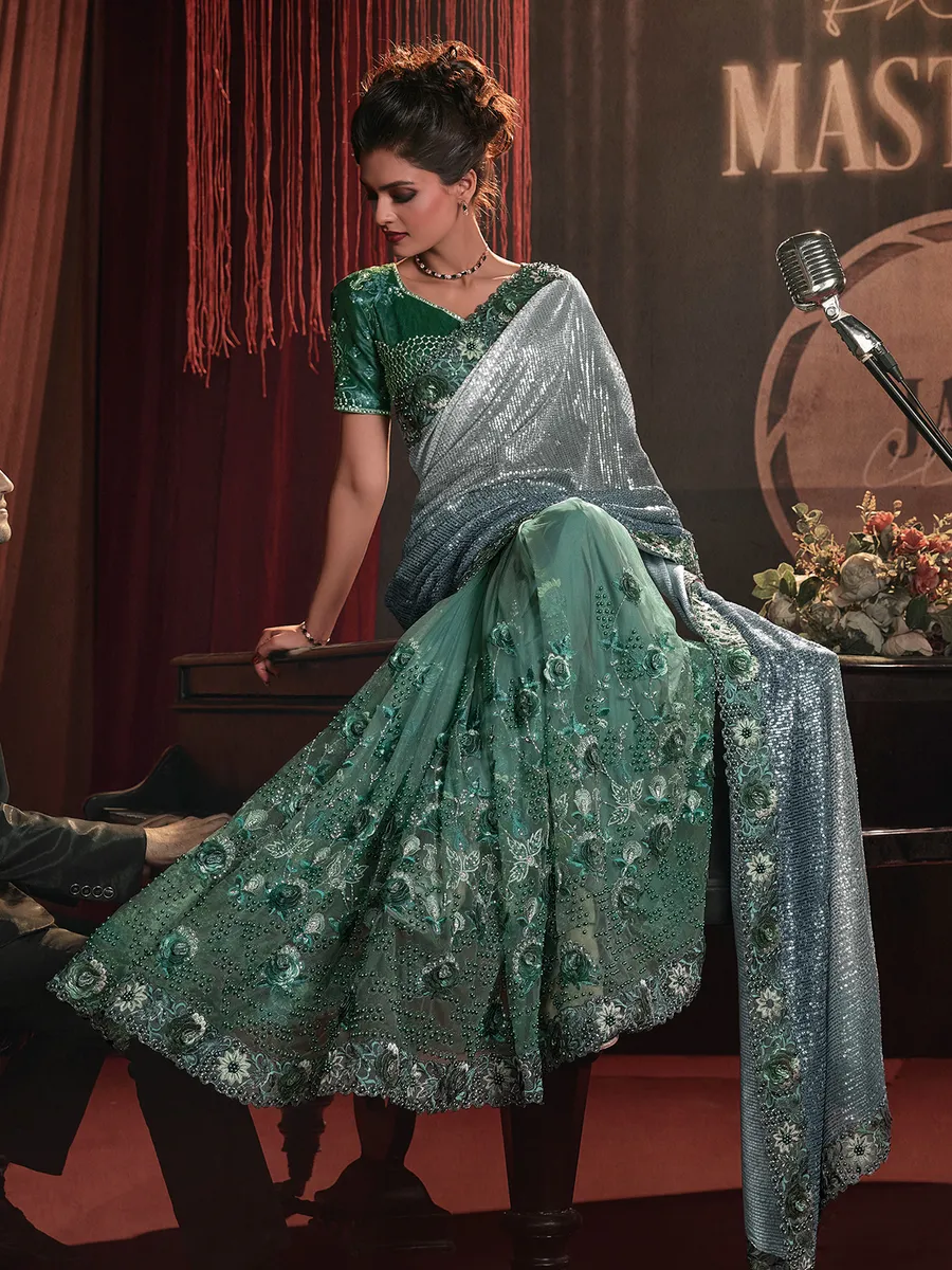 Green shaded net designer saree