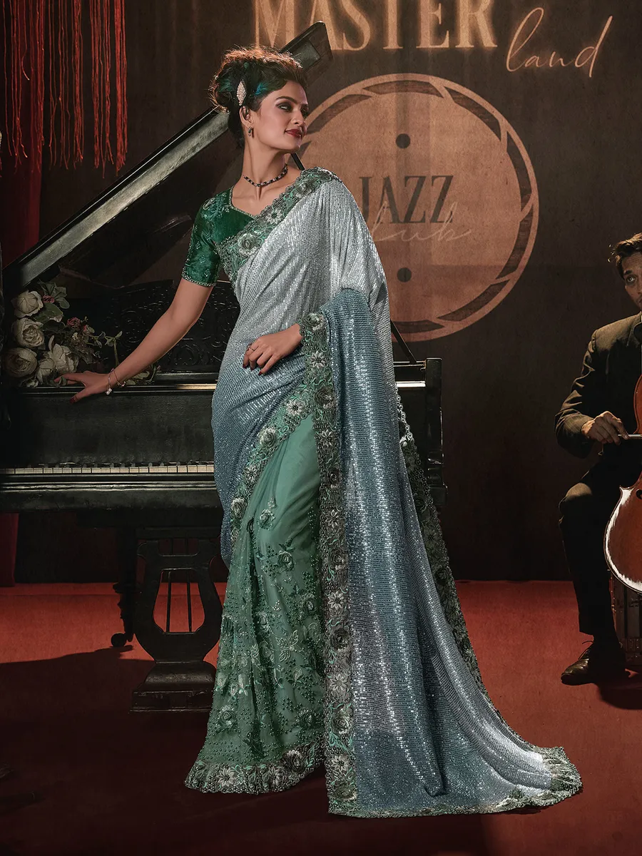 Green shaded net designer saree