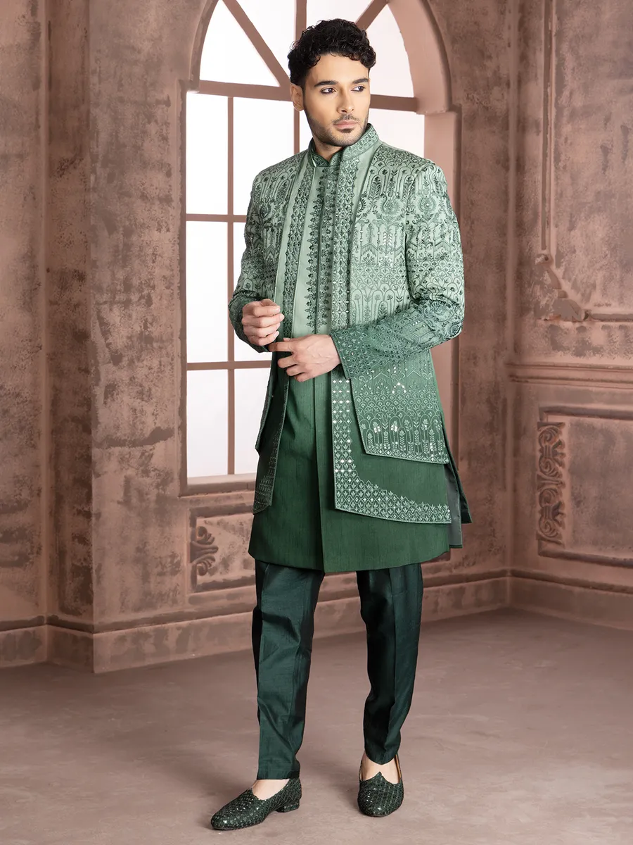 Green shaded silk indowestern