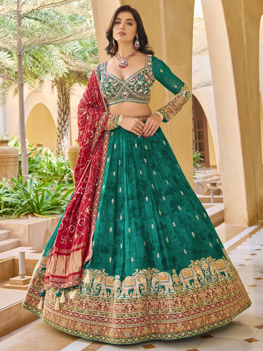 Green silk wedding lehenga choli with print