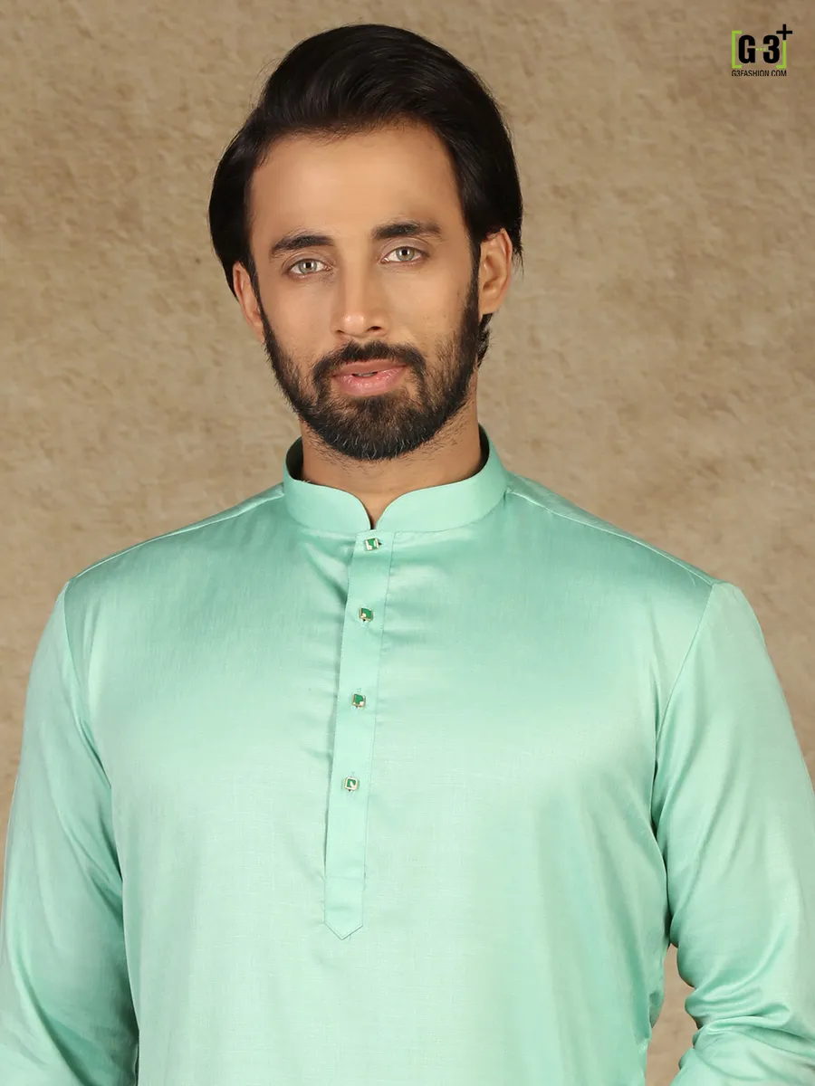 Green solid cotton fabric mens kurta suit