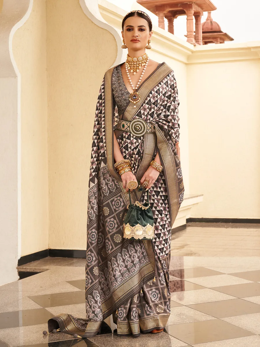 Grey and black printed saree