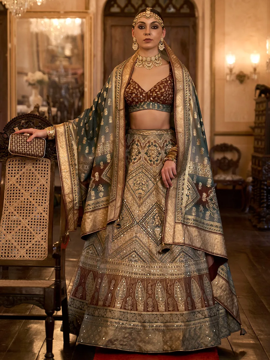 Grey and brown silk printed lehenga choli