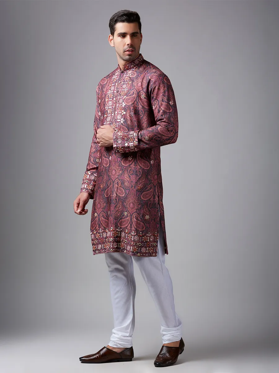 Grey and pink paisley printed  Men Kurta pajama