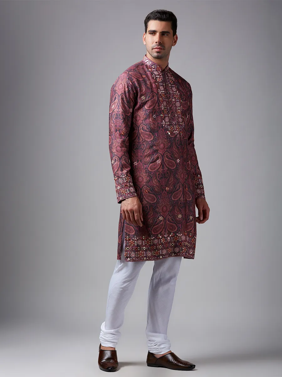 Grey and pink paisley printed kurta suit