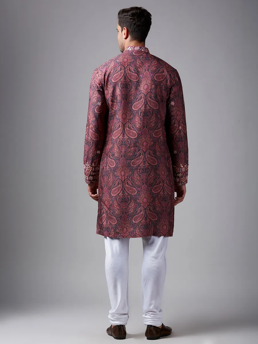 Grey and pink paisley printed  Men Kurta pajama