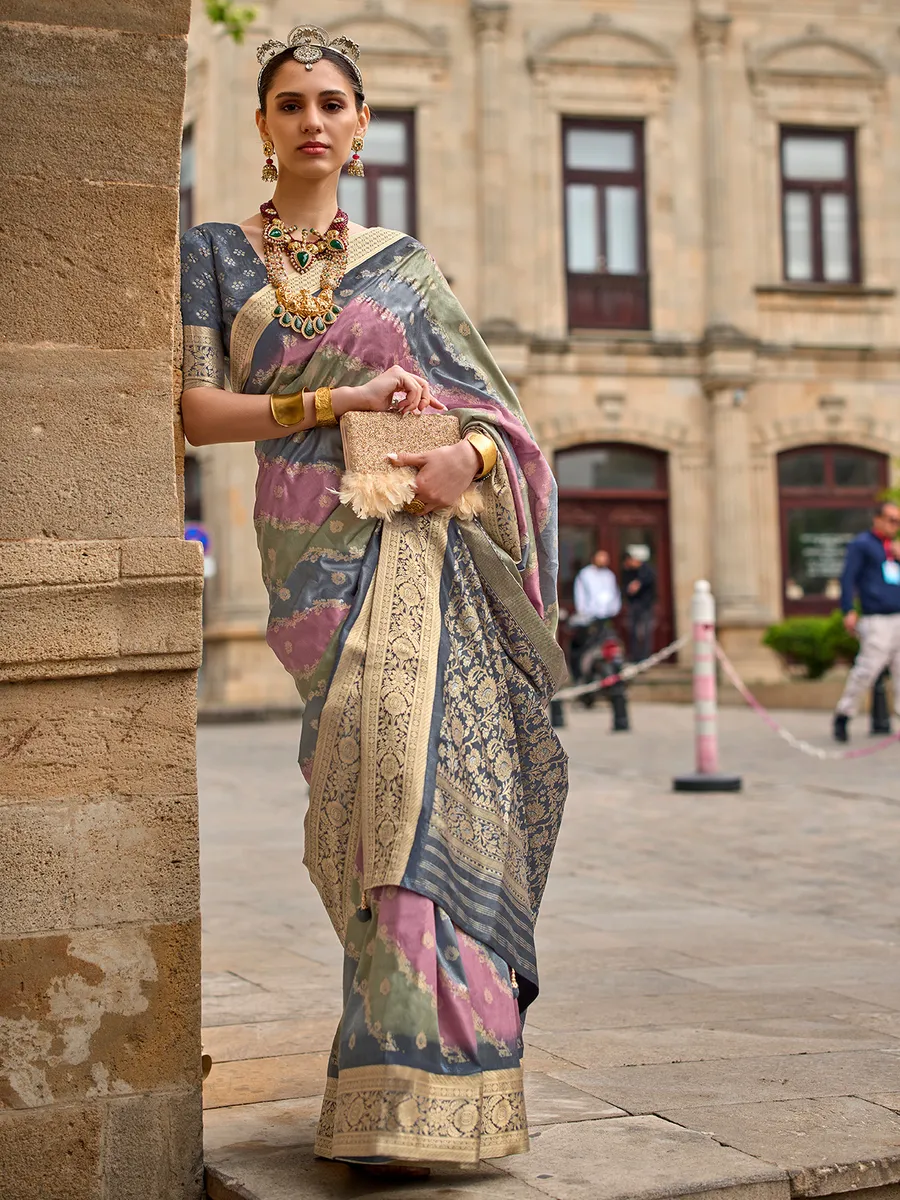 Grey and purple silk saree