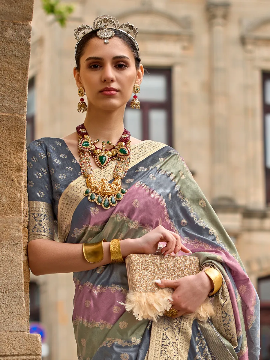 Grey and purple silk saree